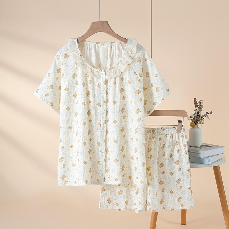 Women's pajamas summer new crepe double-layer cotton yarn lace collar short-sleeved shorts loungewear sweet and cute suit