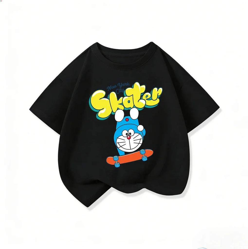 Cute Children Crew Neck T Shirt Summer Fashion Cartoon Print Trendy Street Casual Tops Doraemon Boys Girls Outfit 314Y