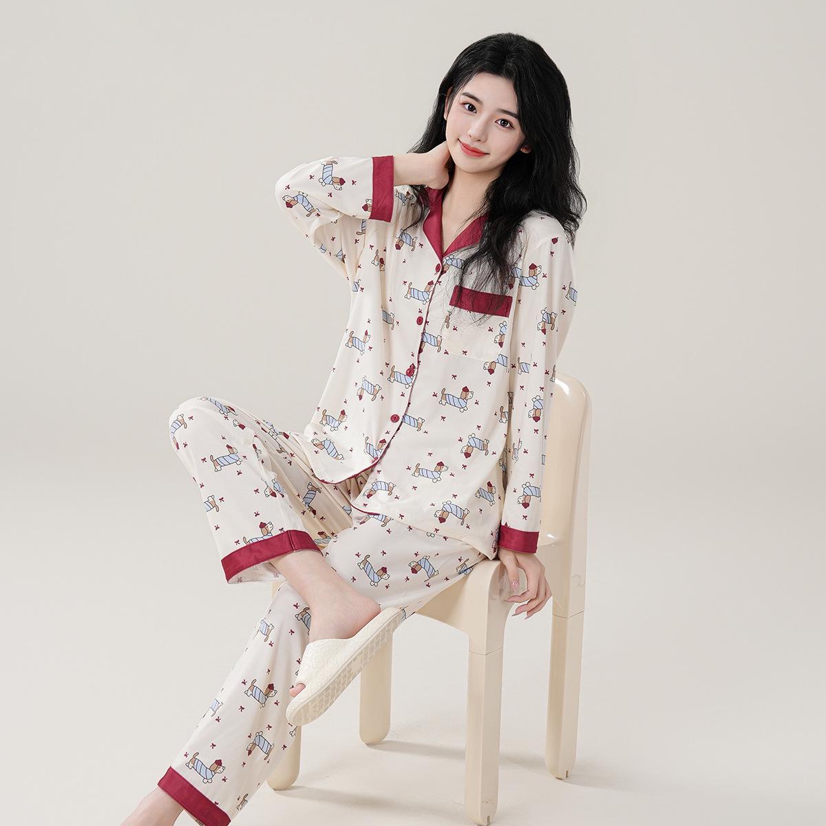 

Women s Sausage Dog Pajamas, Long Sleeve, Cute Lapel, 2-Piece Set, Indoor/Outdoor Wear, 2025 Style XL (120-140 jin) абрикосовый