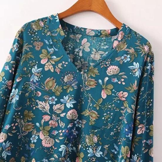 Women Casual Long Sleeve V-neck Floral Print Shirt Chiffon Blouse Irregular Top