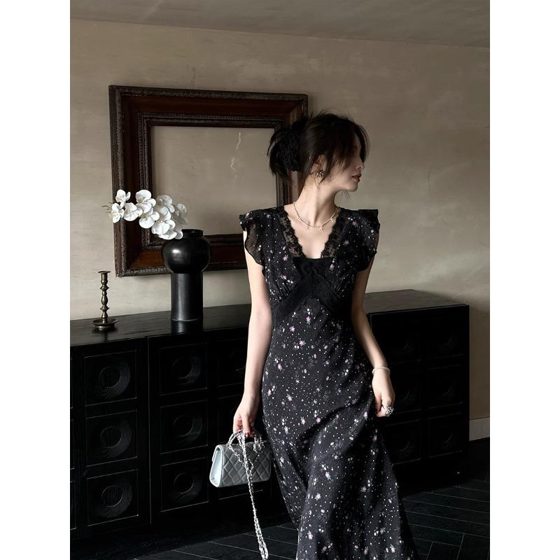 French Black Lace Suspender Floral Dress Children's Summer New High-end Temperament Pinched Waist Dress