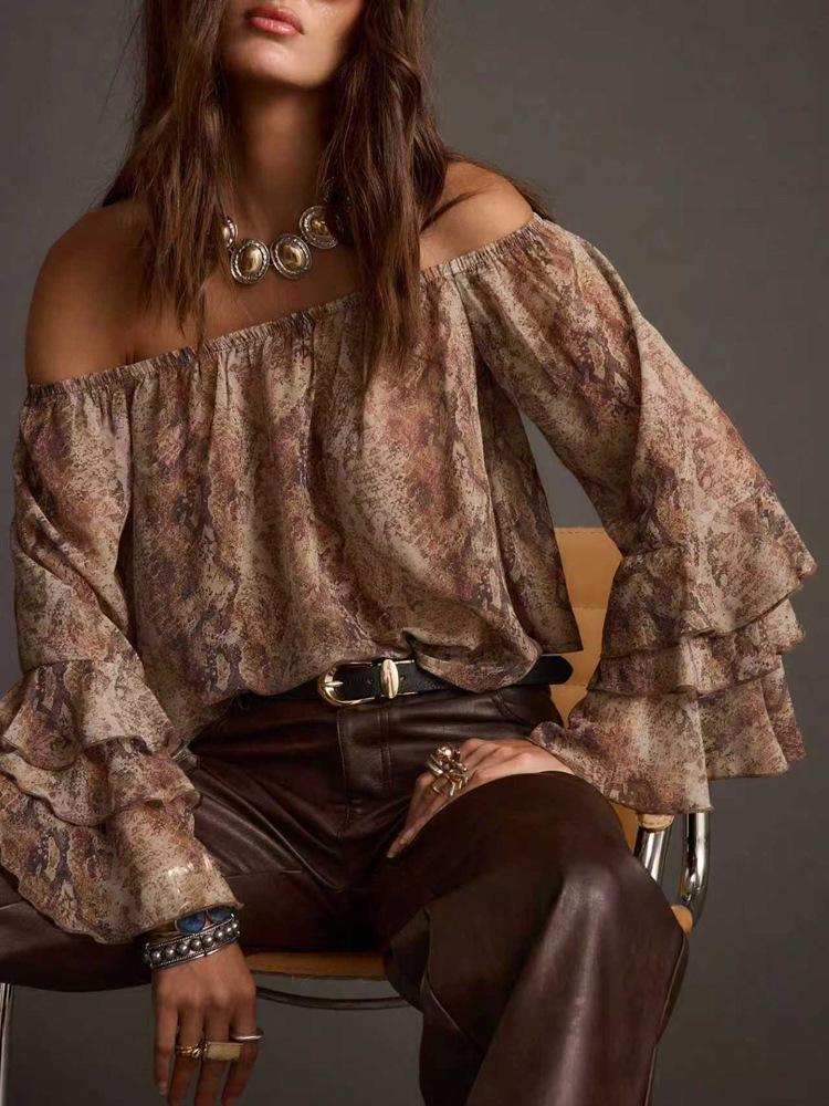 Γυναικείο Casual Ζιφονένιο Μπλουζάκι Off-the-Shoulder Άνοιξη/Καλοκαίρι 2026 - Εκτύπωση Ευρωπαϊκού/Αμερικανικού Στυλ