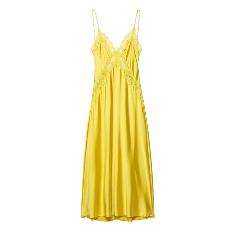 

European American Women s Clothing Sexy Lace V-neck Silk Satin Midi Dress L