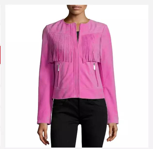 

Barbie Party Pink Handmade Fringe Leather Suede Women Motorcycle Lambskin Jacket XS рожевий