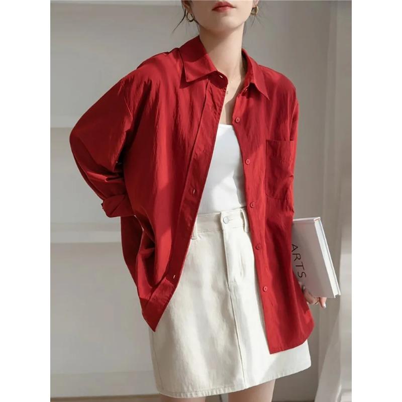 

Women Red Lapel Button Down Long Sleeve Oversized Shirt S красный