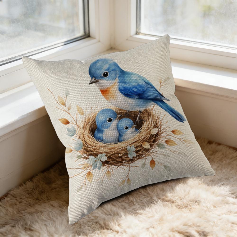 Cushion Cover Blue Bird Nest With Chicks Print For Home Decor Window Seat Pillow Case