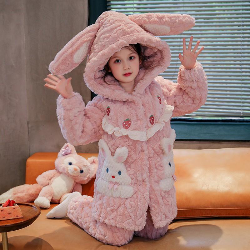Girls Winter Warm Coral Fleece Pajama Set 3-Layer Quilted Sleepwear Cartoon Animal Print Kid Home Outfit