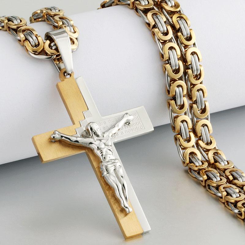 Collana con ciondolo a croce in acciaio inossidabile per uomo religioso, pesante collane a catena bizantina, gioielli sacri di Gesù Cristo
