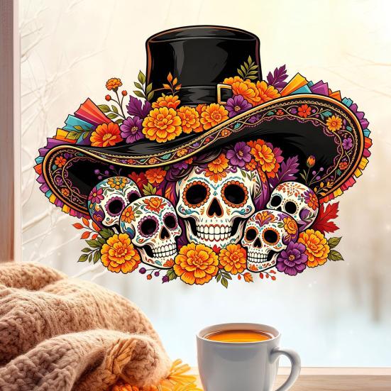 Customizable Cuttable Window Art Day of The Dead Clings, Halloween Top Hat Skull Static Sticker, Indoor Outdoor Glass Murals Colorful