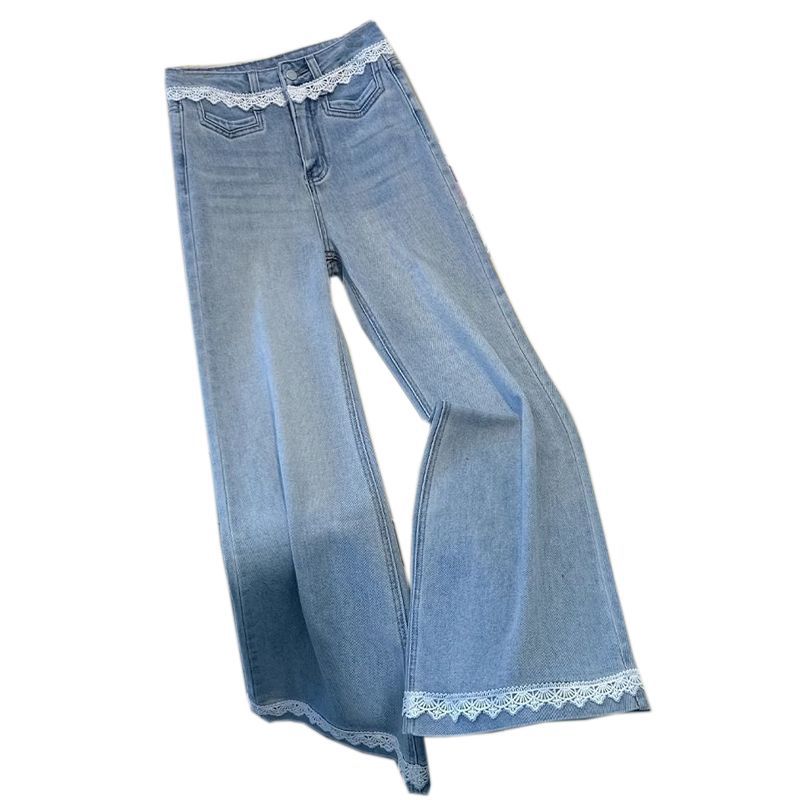 Bequeme Helle Jeans Damen Locker Gespleißte Spitze Spitze High-Waist Schleppende Weitbeinige Mikro-Schlaghose Lange Hose Tide Lange Denimhose