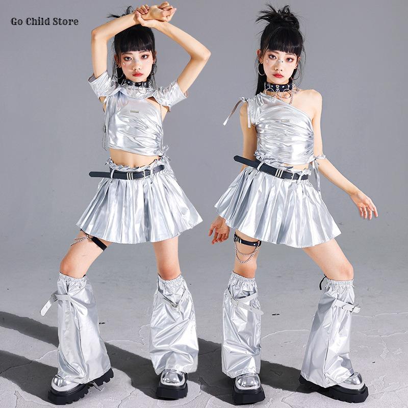 Mädchen K-Pop Silbernes Crop Top Glänzende Street Dance Röcke Kinder Hip Hop Jazz Kleidung Set Kinder Streetwear Girlgroup Bühnenkostüm