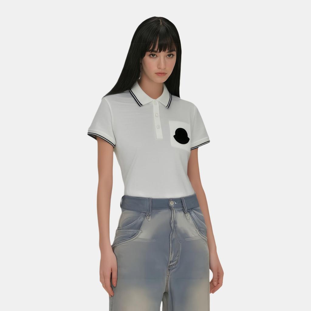 Moncler Logo Button Detail Color Block Short Sleeve Polo Shirt Women tops White 20938351600V8042034
