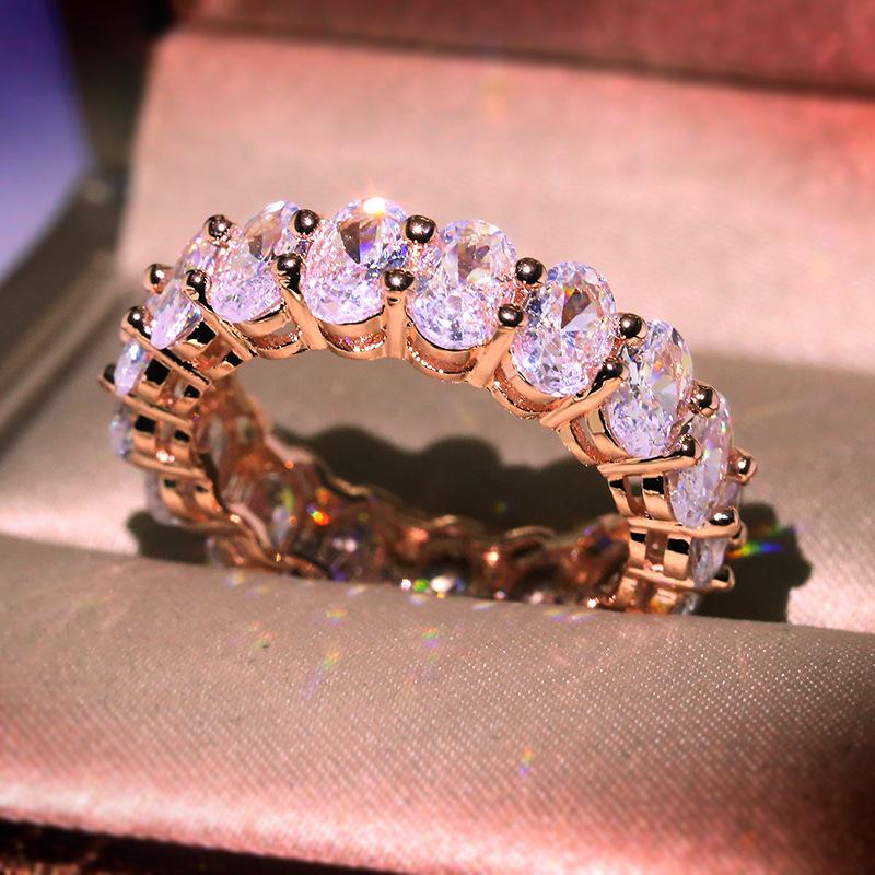 copper Luxury Egg-shaped White Zircon Ring Full Of Diamond Ring Plated 14K Rose Gold Gold Jewelry Birthday Gift Party Jewelr