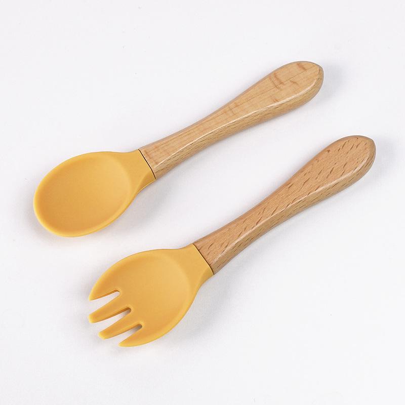 Silicone Wooden Handle Baby Fork & Spoon Set - Food Grade Training Utensils