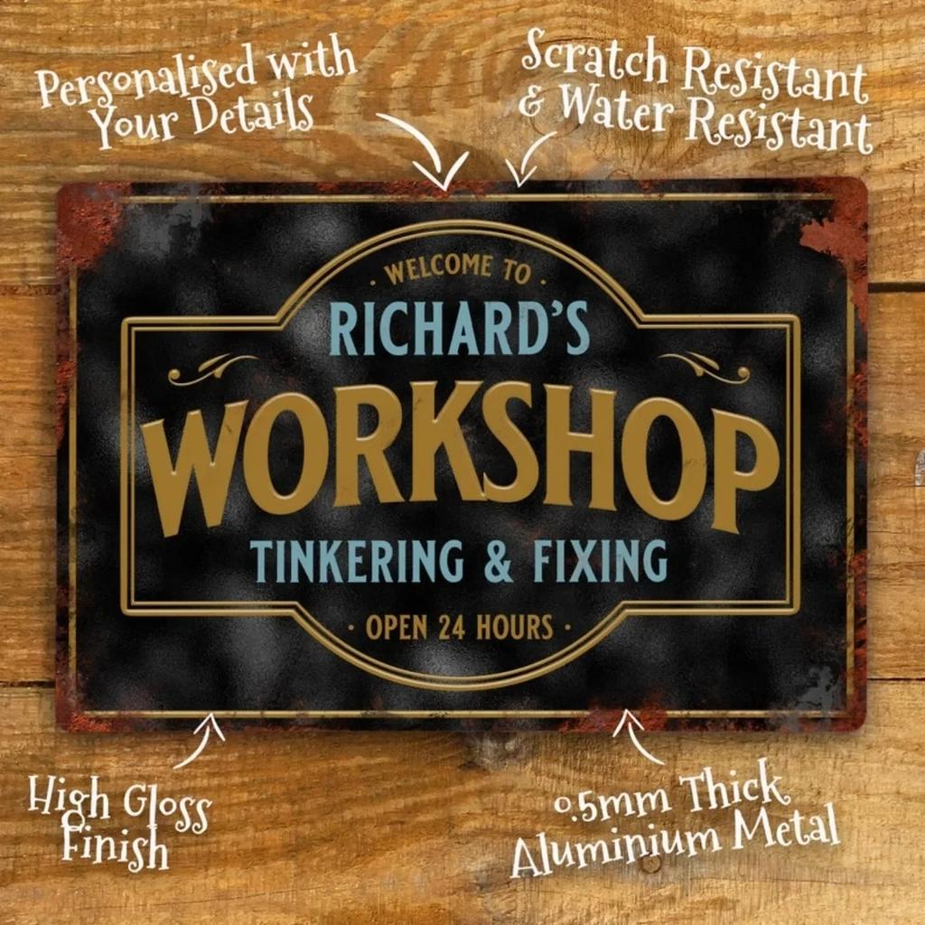 Vintage Metal Sign Custom Name Text Logo Personalized Retro Wall Decor Workshop Garage Man Cave Studio