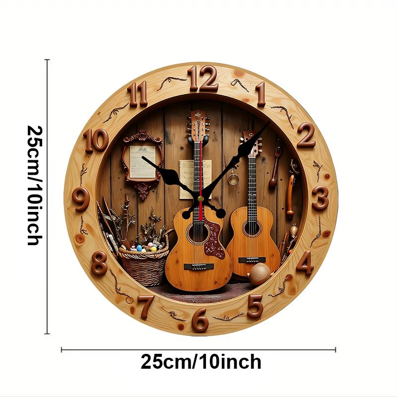 

2D Flat Guitar & Music Wooden Round Silent Hanging Wall Clock, For Living Room, Office, Study Room, Bedroom, Home Decoration. (as the picture,10 inch)