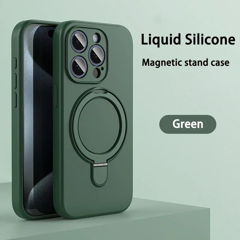Liquid Silicone Magnetic Stand Case For iPhone 16 14 Plus 13 15 Pro Max 12 For Magsafe Wireless Charging Invisible Holder Cover