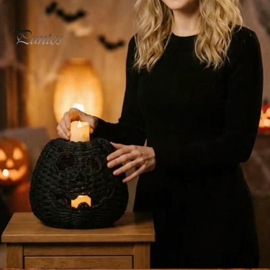 Decoraciones Espeluznantes para Repisa Halloween Cesta de Calabaza de Resina, Linterna Falsa Tejida Adorno, Acentos para el Hogar para Bote de Dulces Negro Decoración de Mesa Regalo de Inauguración