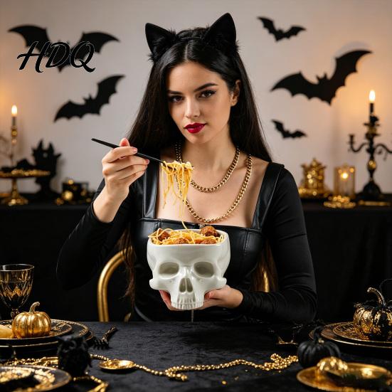 Spooky Home Decor 300/500ML Gothic Skull Bowl Ceramic Shaped Bowl for Cereal Pasta Functional Art Ice Cream Halloween Tabletop Skeleton Head Candy