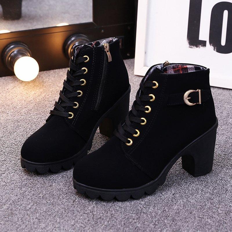 Short Boots for Women Round Metal Buckle High-heeled Women's Boots British Style Side Zipper Casual Boots Botas Mujer