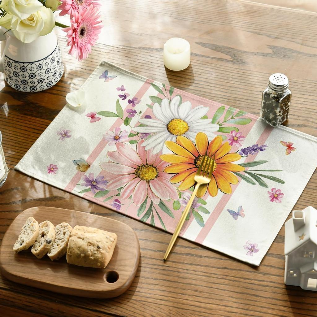 Pink Daisy Leaf Spring Placemats Set of 4, 12x18 Inch Seasonal Summer Holiday Pastoral Table Mats for Party Kitchen Dining Decoration