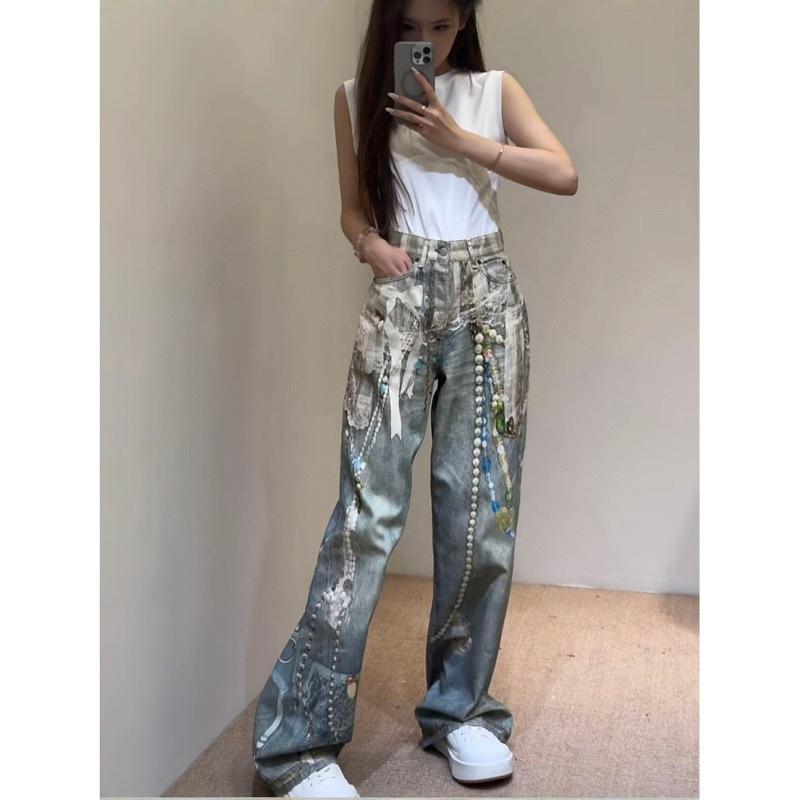 Lace Print Retro Wide-Leg Jeans
