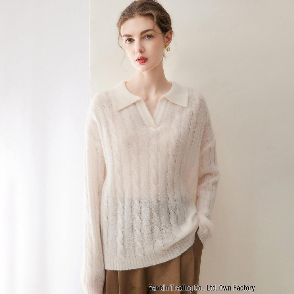 Women's Cashmere Cable Knit Sweater - New Lapel Style, Loose Fit, Autumn/Winter Versatile Top in Pink, Purple, and Light Blue.