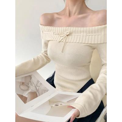 2024 Spring Off Shoulder Σέξι πλεκτό πουλόβερ Ασύμμετρα casual μπλουζάκια Bodycon Γυναικεία κομψά κορεάτικα μπλουζάκια πιο κομψά