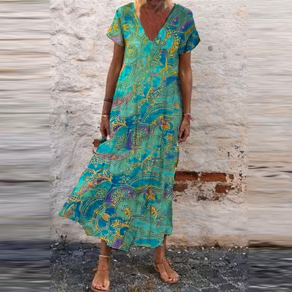 Women's Short Sleeve Maxi Dress Casual Beach Summer Dress V Neck Printed Dress Elegant Dress Dress Loose Dress Boho Dress