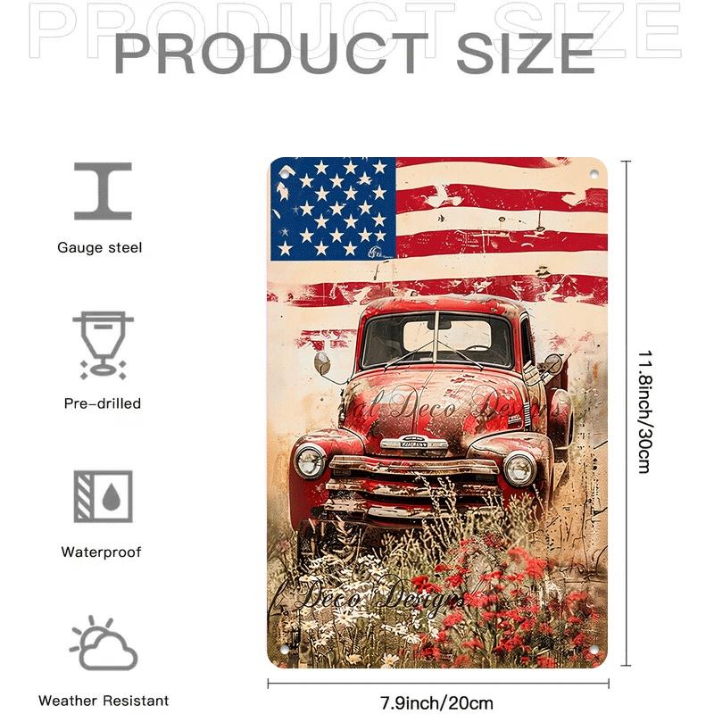 1 piece: Vintage American red truck tinplate painting with American flag background, nostalgic car decorative painting, living r