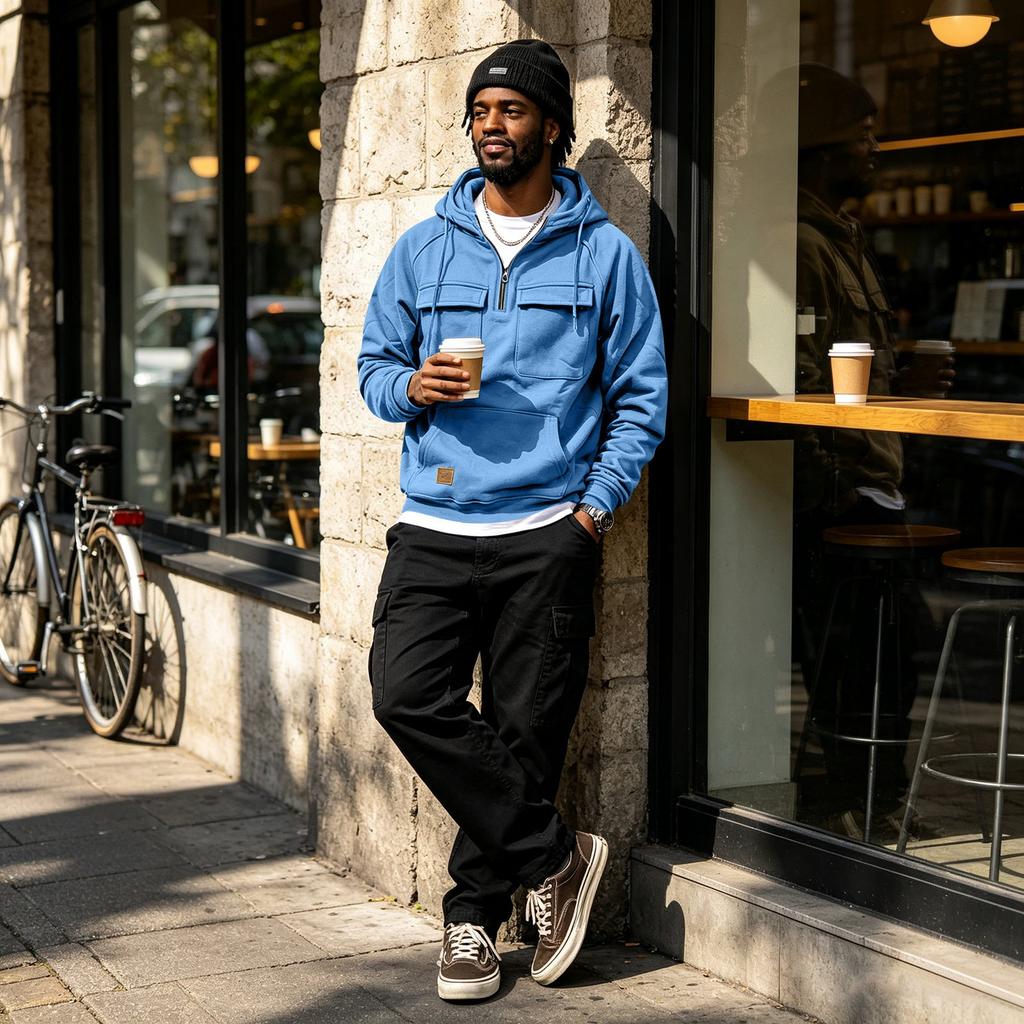 Men's Lined Hooded Pullover Sweatshirt with Multiple Pockets