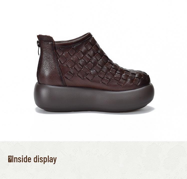 Women's Retro Handmade Genuine Leather Platform Ankle Boots - 2025 Design, Knitted Thick Sole, First Layer Cowhide Cotton Boots
