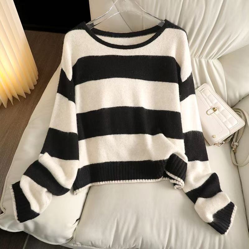 

Soft waxy skin-friendly contrasting color lazy knitted sweater autumn and winter bottoming long-sleeved women s striped loose sweater One size