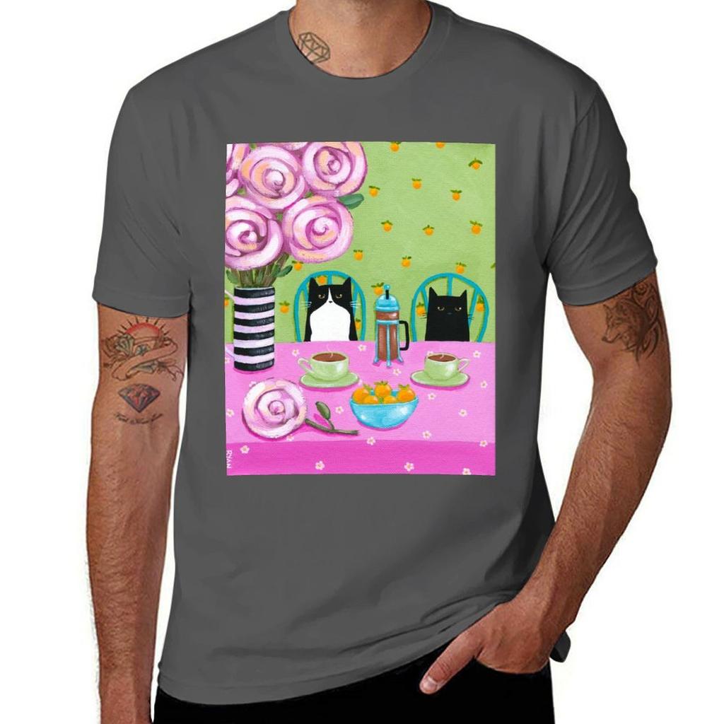 French Press Coffee Cats TShirt Stylish Print Short Sleeve Tee
