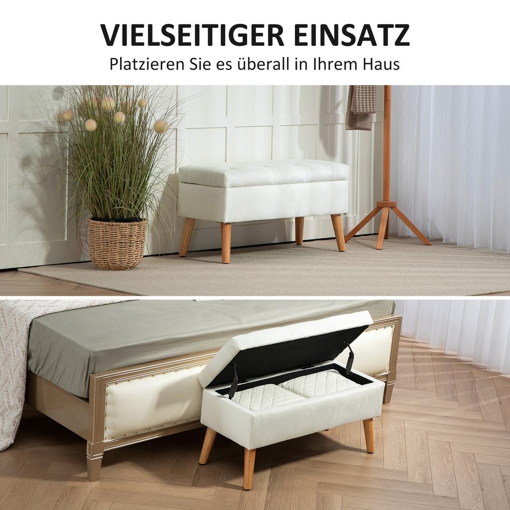 Upholstered Storage Bench, Velvet-Look Fabric Cover, Wooden Legs, for Living Room, Bedroom, Hallway, 80 x 35 x 42 cm, White