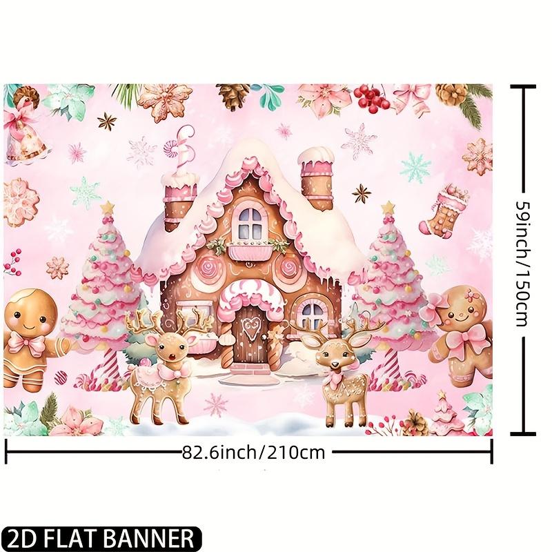 1pc Christmas Party Background Banner - Pink Gingerbread House and Candy Land Scene - Multi Purpose Festival Party Decoration