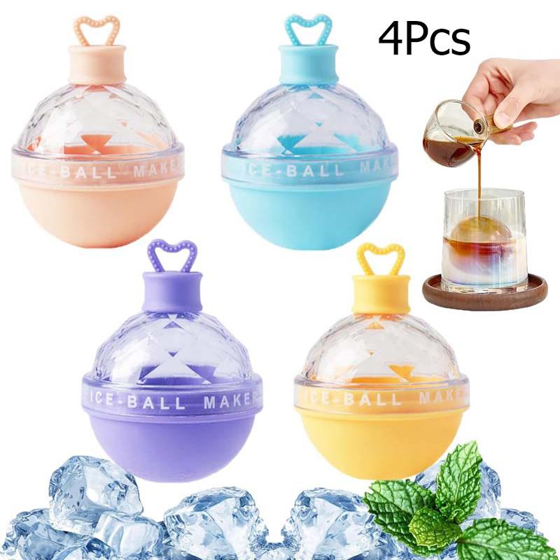 4Pcs Ice Ball Maker, Large Silicone Round Ice Cube Moulds Ice Tray for Whiskey