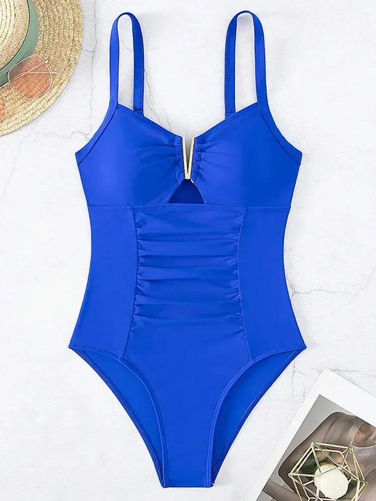 2026 V Neck Pleated Swimsuits Female Swimwear One Piece Swimsuit Women High Cut Bather Bathing Suit Swim Beachwear Slim Bodysuit