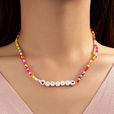 Bohemian Handmade Color Beaded Necklace Fashion Color Ball Beaded HAPPY English Pendant