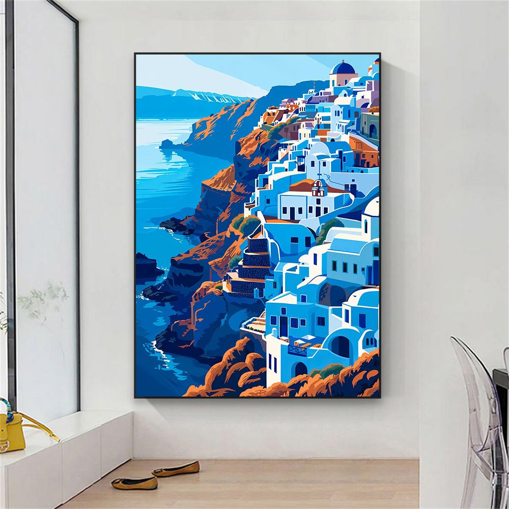 Greek Island Coastal Blue Sea Art Poster Classical Santorini Landscape Print Greece Seascape Canvas Painting Mediterranean Decor