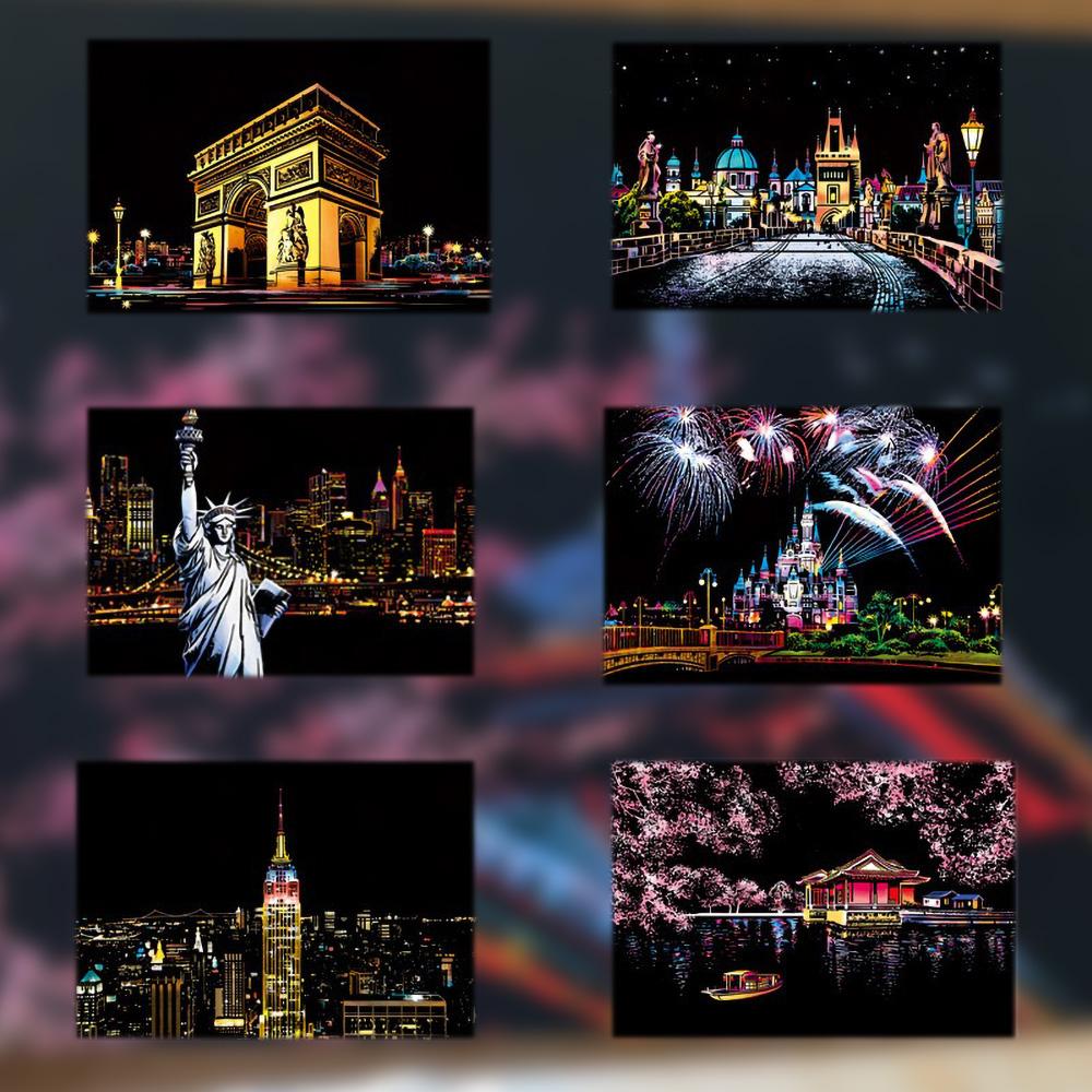 20*14cm DIY Night Scene Painting Scratch Colorful Drawing World Attractions Series For Child Adult Decompression Gift Home Decor