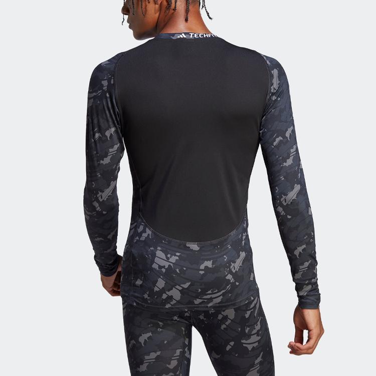 Adidas Techfit Allover Print Tee Logo Long Sleeve T-Shirt Men Tops Dark-Blue HS9797