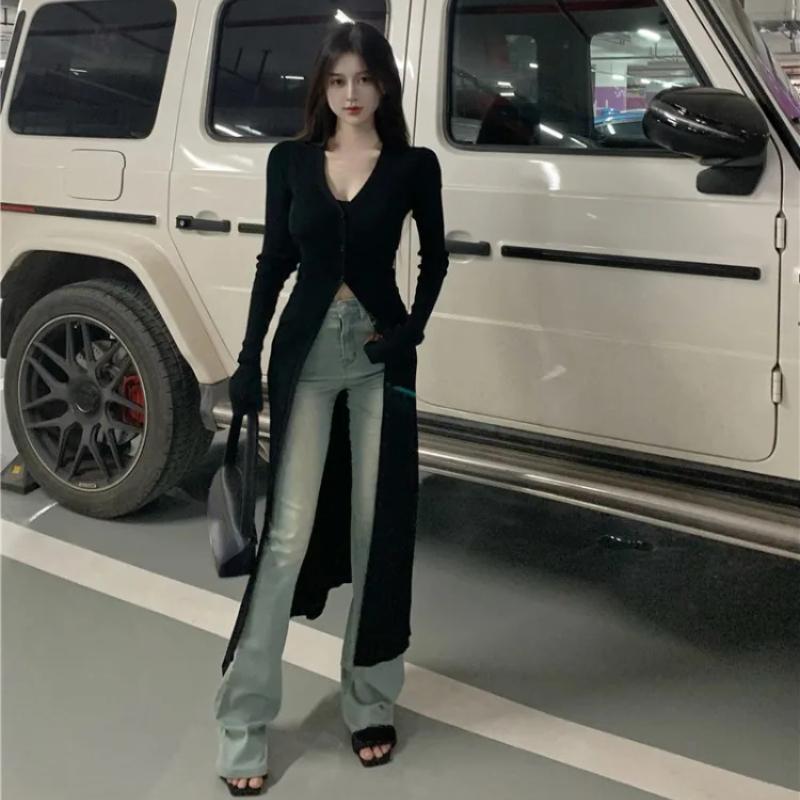 Cardigan negru cu decolteu în V, vintage, leneș, pentru femei, toamnă