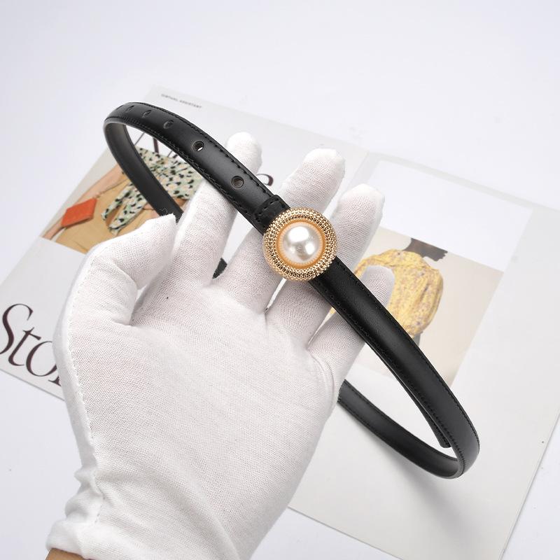 New Cowhide Versatile Genuine Leather Pearl Thin Belt Women's Summer Ins Style Suit Belt Black Jeans Belt