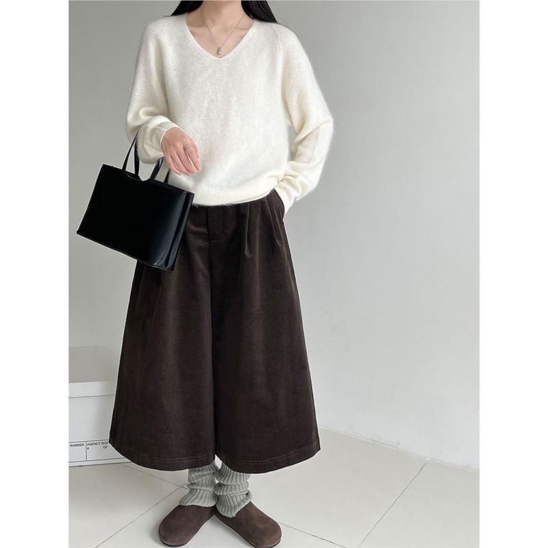 Johnature Simple Comfortable Corduroy High-waisted Vintage Mid-length Pants For Women Loose Wide-leg Pants Autumn Winter