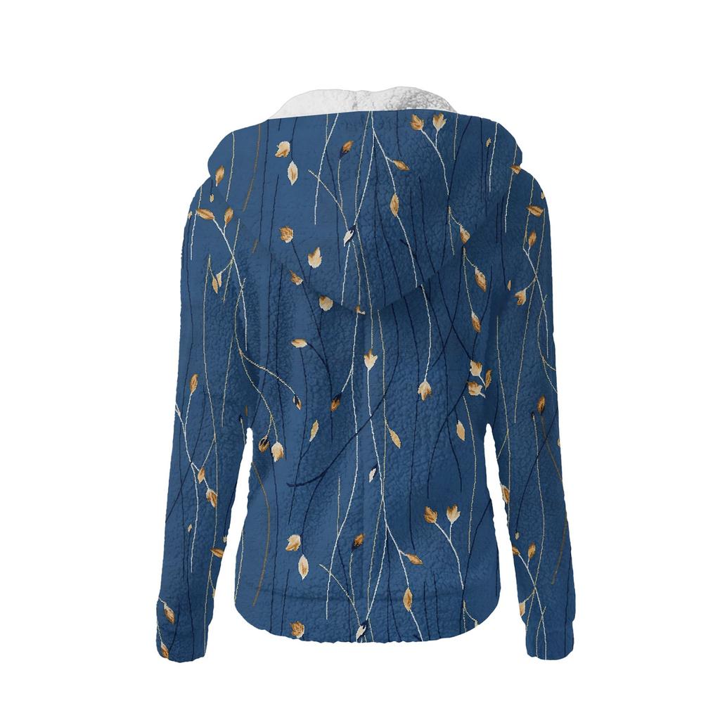 Women's Fashion Retro Floral Print Hooded Plush Casual Top Zipper Jacket