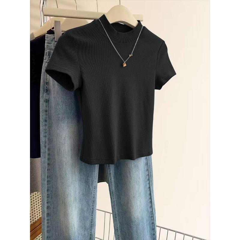 Half-High Collar Short Sleeve T-Shirt Women's New Summer Solid Color Slimming Right Shoulder Top