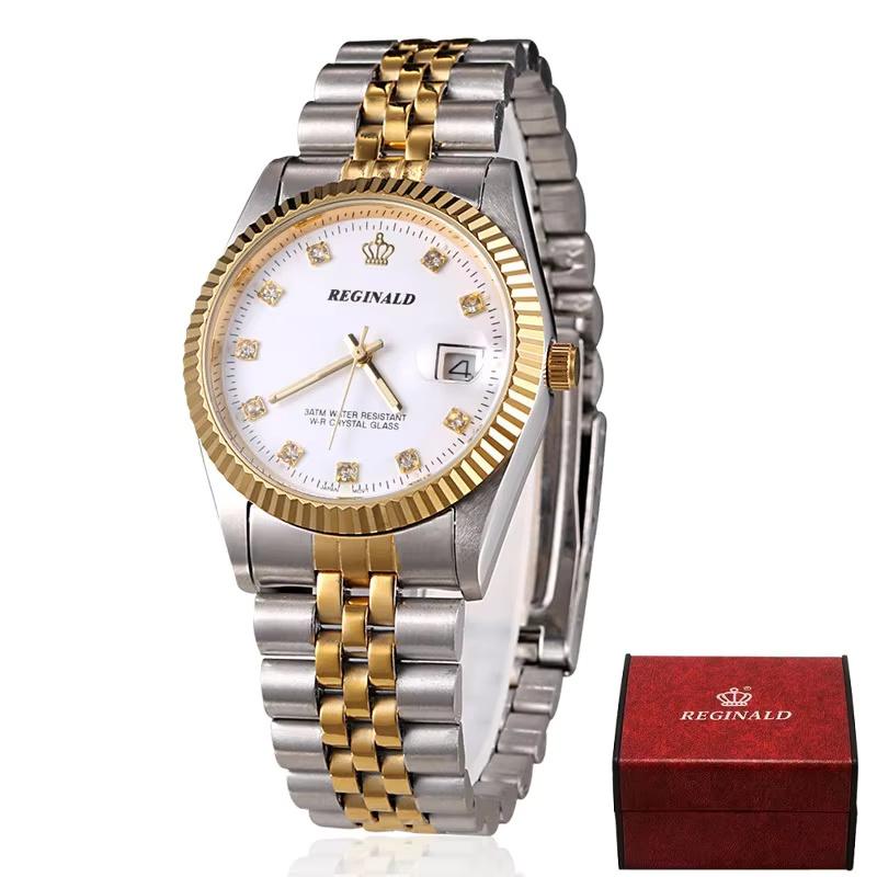 REGINALD Brand Mens Dress Style Business Watch Steel Wristband Golden Men Quartz Watch Valentine's Day Present For Man