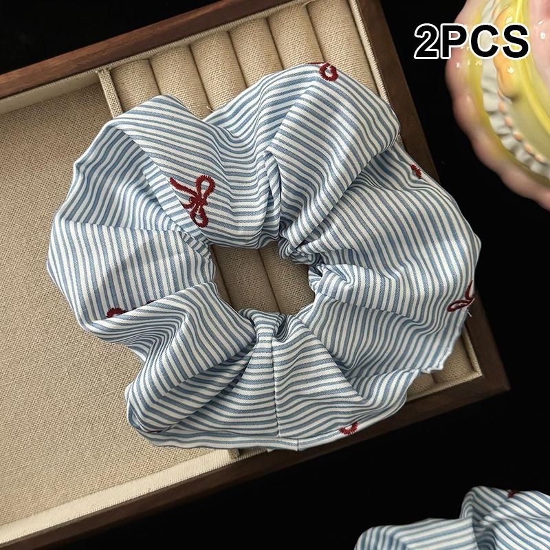 

2Pcs Korean Delicate Style Blue Striped Red Bow Cherry Scrunchie Hair Tie Fashionable Hair Accessories