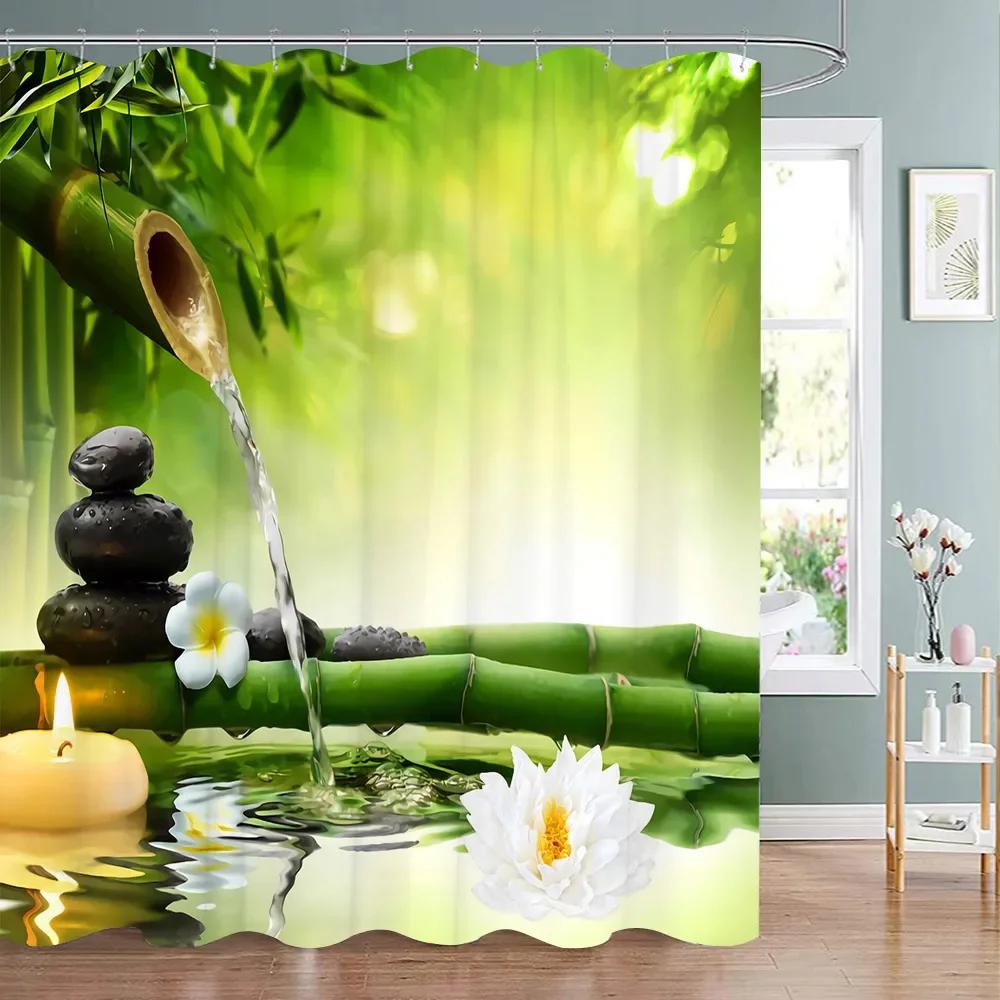 Tenda Doccia Zen Paesaggio di Loto Tenda Doccia Meditazione Pietre Zen Bambù Verde Fiore Pianta Tende Doccia Arredo Bagno